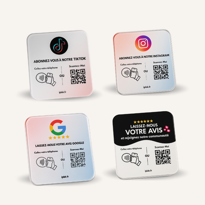 Plaques connectées iPlak Pack Premium avec Google Avis NFC, Instagram, TikTok et plaque multi-liens QR Code pour booster avis et abonnés.