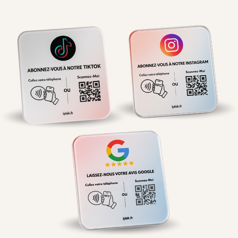 Plaque Google Avis NFC + Plaque Instagram + Plaque TikTok | Pack Trio iPlak